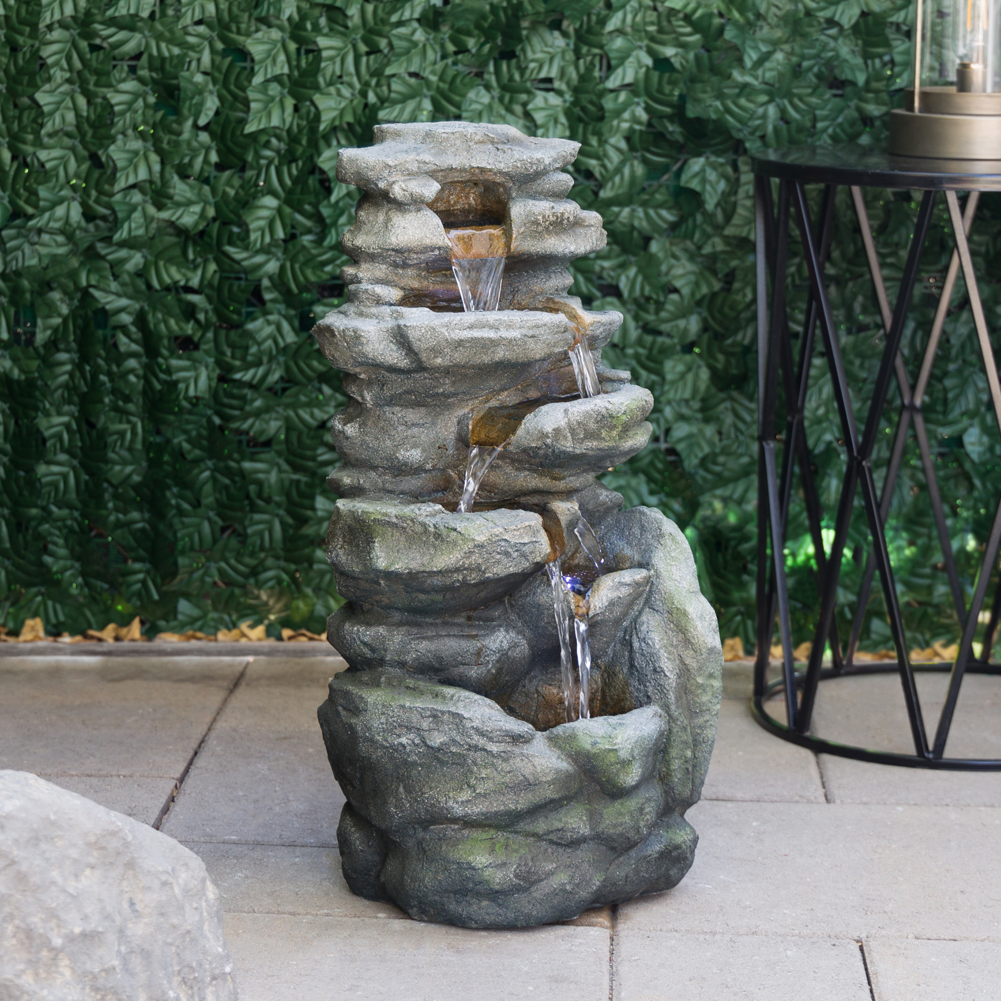 Alpine Corporation TZL378 24" Outdoor Waterfall Fountain with White LED Lights, Cascading Water Feature for Garden, Patio, and Lawn Decor, Gray